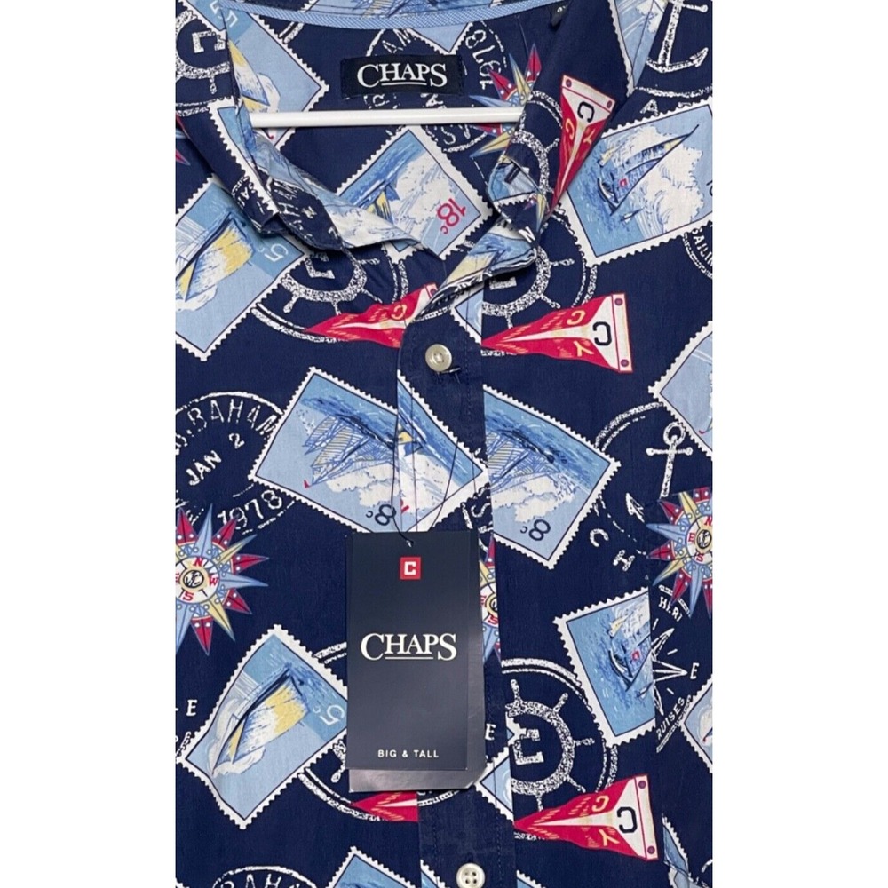 Chaps Shirt Mens 4X Blue Temp Control Postage Stamp Nautical Boats Coastal
